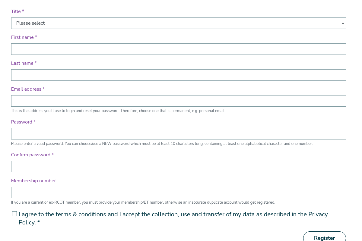Registration page details